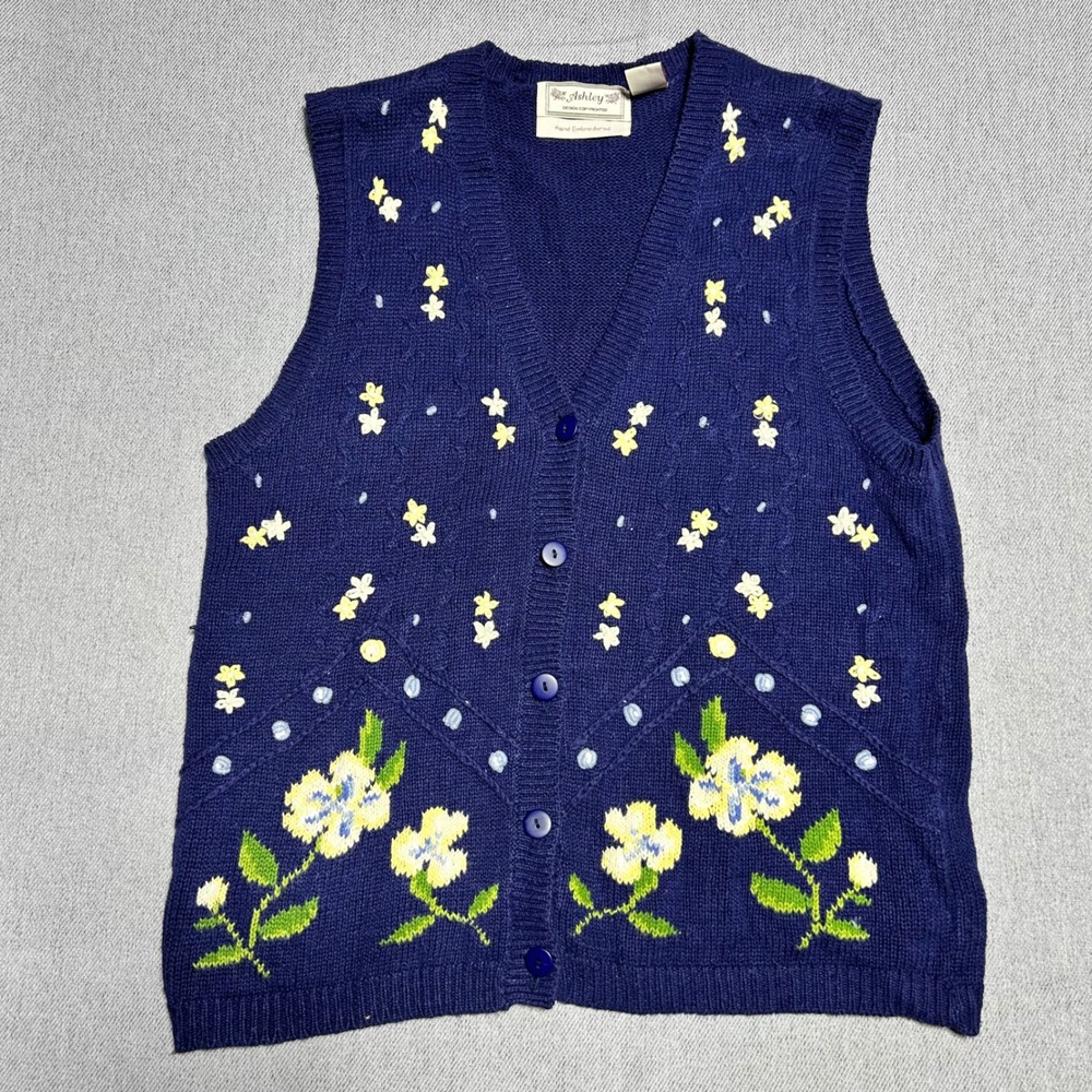 Ashley Womens Vintage Floral Embroidered Sweater Vest L Blue Knit Grandmacore